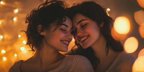 Portrait of a young LGBTQ+ couple enjoying a cozy evening together, soft, warm colors and close-up shots