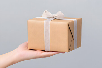 Top view of Christmas gift box wrapped in brown craft paper and red ribbon isolated on white 