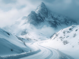 Winter road winding through snowy mountains at dawn