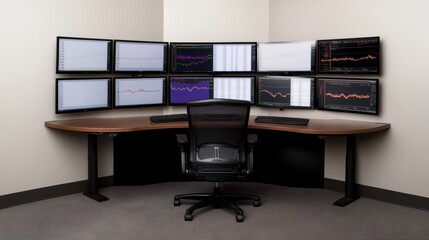 Wall Mural - Trading workstation with multiple monitors displaying stock market data.