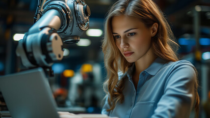 Poster - Colleagues watch a woman program a robotic arm in a tech lab