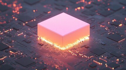 Fototapete - Glowing Microchip on Circuit Board Surface