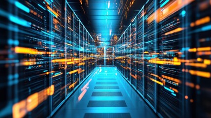 Fototapete - High Contrast Digital Communication Room with Data Flow