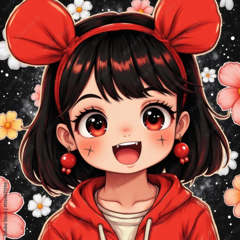 Adorable personaje de anime con grandes ojos rojos y moños rojos en un ...