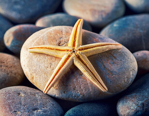 Wall Mural - An orange starfish and seashell rest atop smooth beach pebbles in various shades of gray and blue, creating a serene coastal composition.	