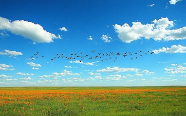 Poster - Birds flying over orange poppy field.