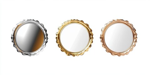 Logo collection of shiny gold silver and bronze medals Metallic luxury frames and emblems for abstract graphic design