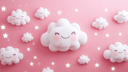 Poster - Cute smiling clouds with stars on a pink background for dreamy and playful designs
