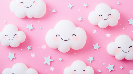 Aufkleber - Adorable smiling clouds with stars on a pastel pink background, creating a whimsical scene
