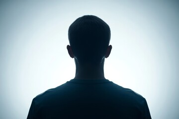 A back view of a man in a black t-shirt is shown in a black and white image, with his head turned to the side, standing against a white background.