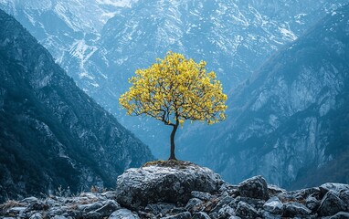 Poster - Solitary yellow tree on rock in majestic mountains.