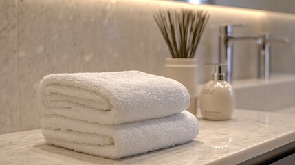 Wall Mural - Two neatly folded white bath towels on a marble bathroom counter next to a soap dispenser and reeds.