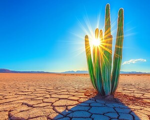 Poster - Sunlit cactus in arid desert landscape.