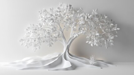 Wall Mural - White paper art tree on white background.