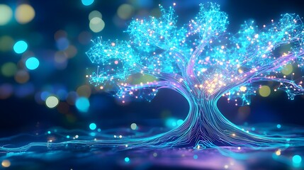 Sticker - glowing abstract tree, network, technology - abstract backgrounds