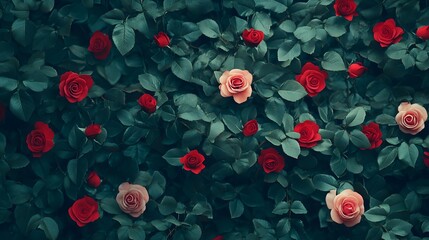 Wall Mural - Natural fresh red roses flowers pattern wallpaper. top view, Red rose flower wall background.
