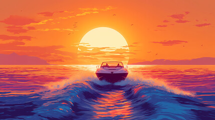 Poster - A golden sunset on the horizon illuminates the wake from a speedboat cruising on the water - generative ai. Sunrise. Illustration