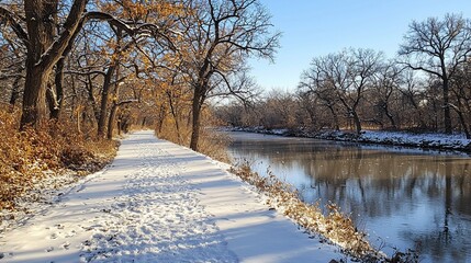 Poster - Snowy path alongside calm river in winter.