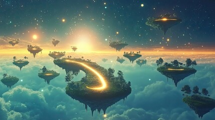 Wall Mural - floating islands above a sea of clouds in a dreamlike setting
