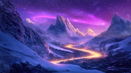 Wall Mural - luminous path through a snowy mountain range under a starlit sky