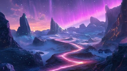 Wall Mural - alien landscape with glowing path under aurora