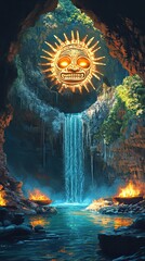 Wall Mural - A mystical sun god carved into a cave waterfall scene