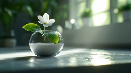 Canvas Print - Single white flower in glass bowl on table.