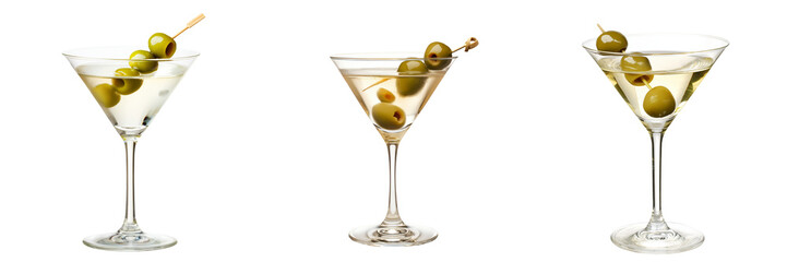 A chilled martini served in a sleek martini glass, garnished with a skewer of green olives, isolated on a transparent background