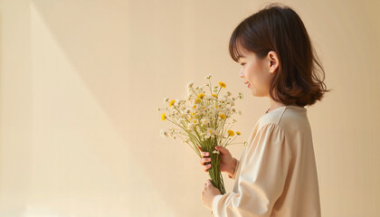 Wall Mural - Girl smiling with bouquet of wildflowers against beige background