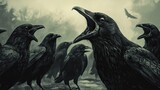 A flock of ravens calls in a misty forest