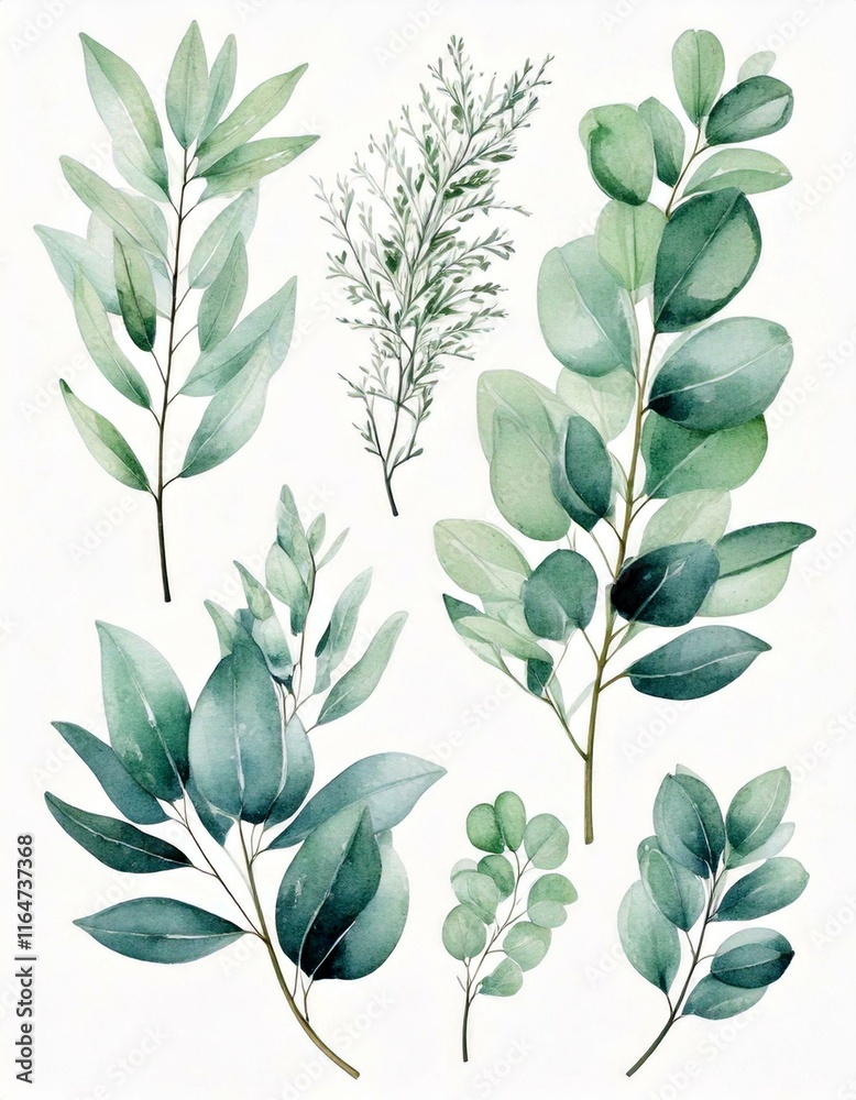 Watercolor floral illustration set - green leaf branches collection ...