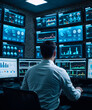 © Wojciech - Technical Controller Working at His Workstation with Multiple Displays. Displays Show Various Technical Information. He's Alone in System Control Center.