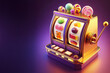 © Elena - The slot machine with different types of candy. The background is a gradient of purple shades, giving the image a playful and vibrant feel. fun and sweetness, creating a whimsical and engaging visual