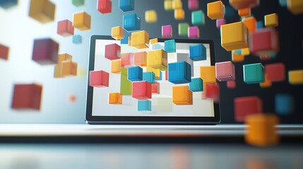 Poster - Colorful cubes floating from laptop screen, digital data concept.