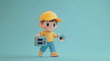 Canvas Print - Cute cartoon boy walking, holding radio and megaphone.