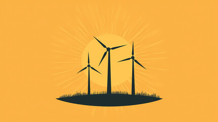 A flat design of three stylized wind turbines in silhouette, set against a circular sunburst pattern. Sunburst. Illustration