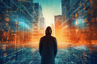 © Starmarpro - cybersecurity concept. Futuristic double exposure. Unknown man and city overlayed with data. High quality photo