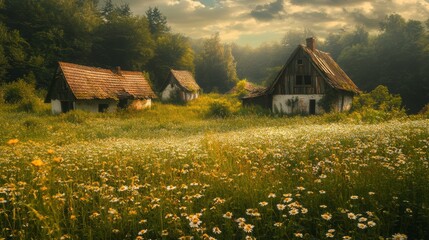 Abandoned Buildings Surrounded by Wildflowers and Grass