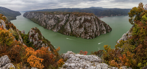 Sticker - Aerial view of the  Iron Gates gorge of Danube river between Serbia and Romania. View from Derdap National Park.