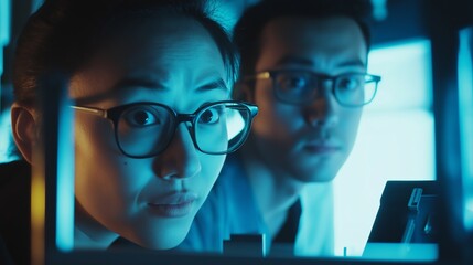 Poster - Two scientists wearing glasses and lab coats are carefully observing an experiment in a laboratory at night, illuminated by blue light, focused on scientific discovery
