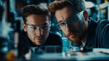 Poster - Two electronics engineers wearing safety glasses are carefully examining a prototype device in a modern laboratory, focused on innovation and technological development