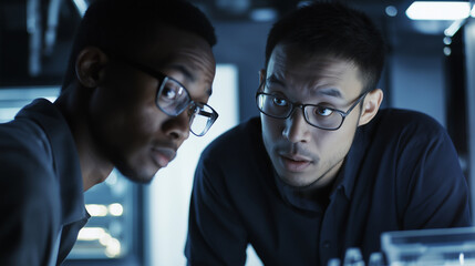 Poster - Two diverse it engineers wearing glasses collaborate in a server room, analyzing data and troubleshooting issues on a computer within a high-tech data center environment