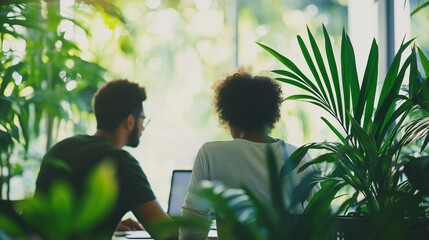 Poster - Two colleagues are working together on a laptop, surrounded by lush greenery in a modern office space, fostering a productive and eco-conscious work environment