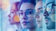 © Enigma - Close-up of diverse businesspeople looking towards shared vision, symbolizing teamwork, innovation, and future success in corporate setting with colorful bokeh background