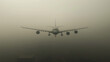 © Dexon Studios - A large airplane descends through thick fog toward a runway. Low visibility conditions are present. The image evokes a sense of mystery and suspense.