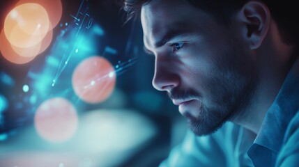 Poster - Software developer concentrating on complex virtual reality interface with data points floating in futuristic office, reflecting advanced technology and innovation