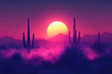 Canvas Print - Vibrant sunset over a desert landscape with cacti and fog.