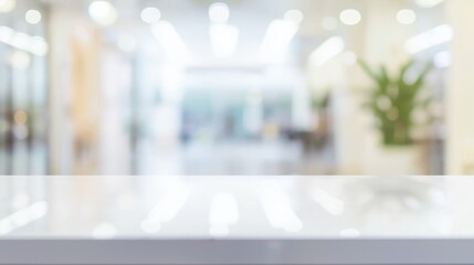 Poster - Empty white tabletop with blurred modern office background, perfect for displaying or showcasing your products with a professional and clean aesthetic