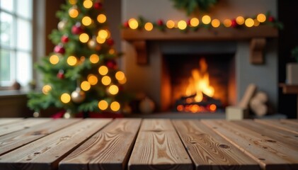 Wall Mural - Clean wooden tabletop, defocused Christmas tree and fireplace , clean, minimalist, overhead