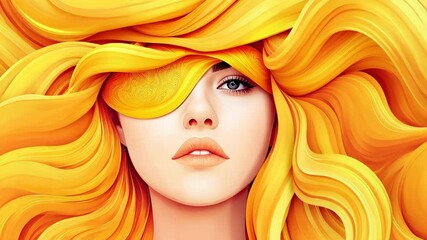 Wall Mural - A vibrant D portrait featuring a woman adorned with a goldpatterned face and flowing strands of golden hair.